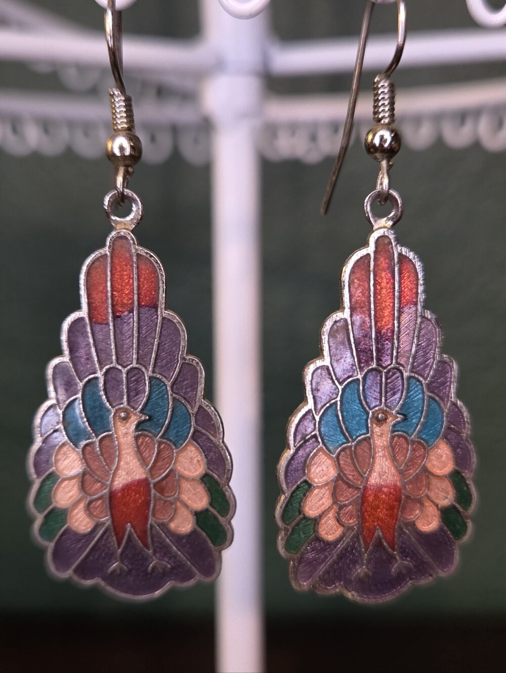 Vintage 80s Cloisonne Peacock Teardrop Dangle Earrings